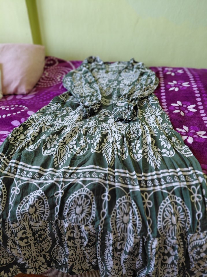 Desenli Bohem Uzun Kollu Yeşil Elbise - Görsel 3