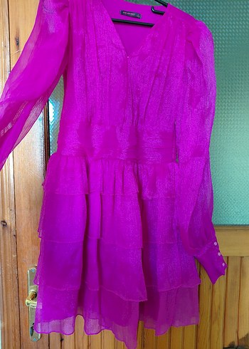 Pembe Uzun Kollu Fırfırlı Abiye Elbise - Görsel 6