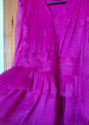 Pembe Uzun Kollu Fırfırlı Abiye Elbise - Görsel 5