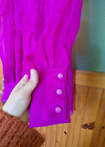 Pembe Uzun Kollu Fırfırlı Abiye Elbise - Görsel 4