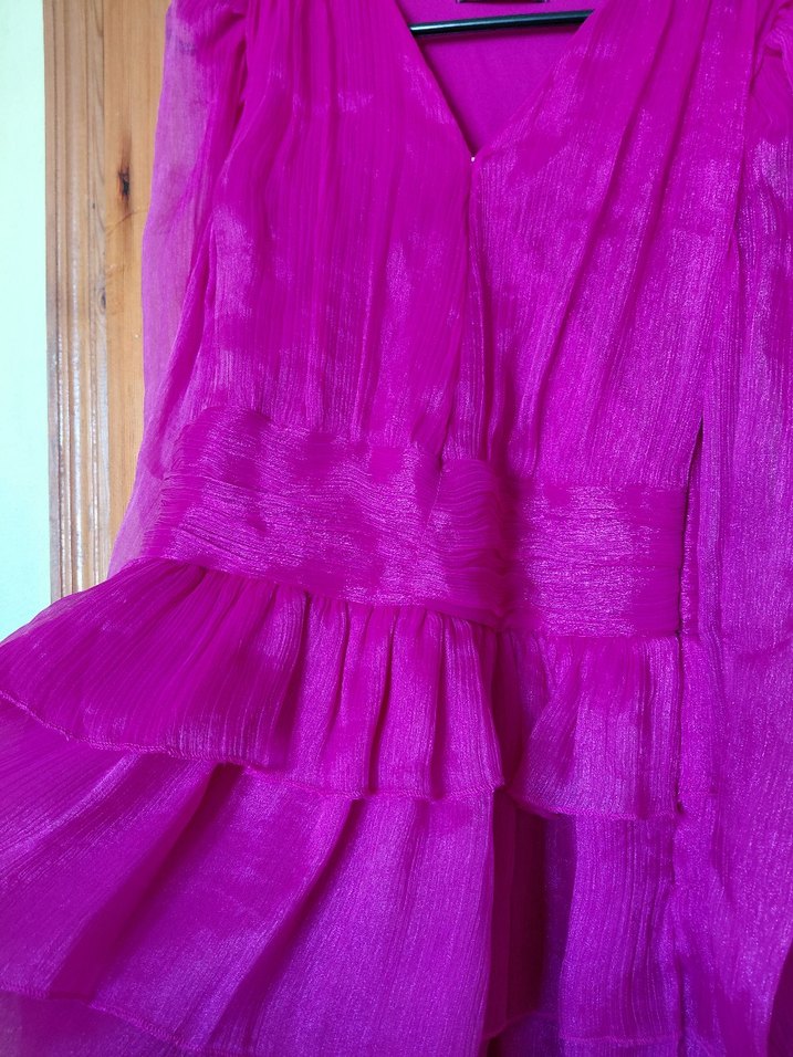 Pembe Uzun Kollu Fırfırlı Abiye Elbise - Görsel 5