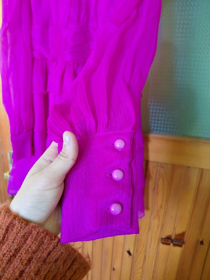 Pembe Uzun Kollu Fırfırlı Abiye Elbise - Görsel 4