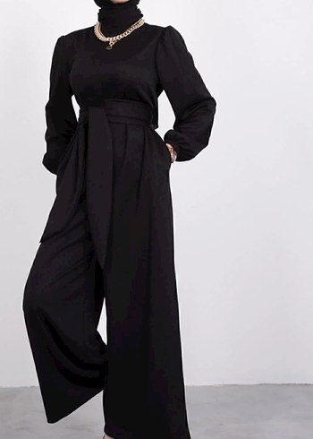 Kadın Siyah Uzun Kollu Kemerli Tulum - Görsel 3