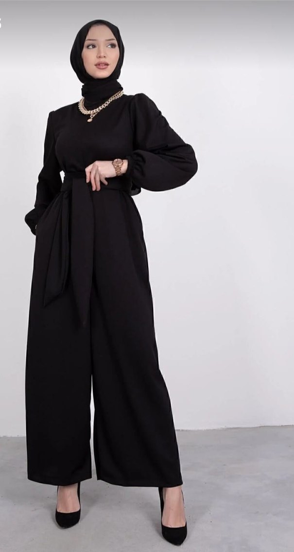 Kadın Siyah Uzun Kollu Kemerli Tulum - Görsel 2