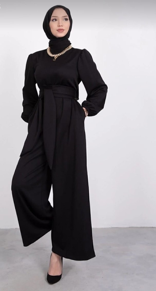 Kadın Siyah Uzun Kollu Kemerli Tulum - Görsel 3