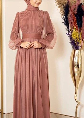 Piliseli Uzun Kollu Bej Abiye Elbise
( soğan kabuğu renginde) - Görsel 3