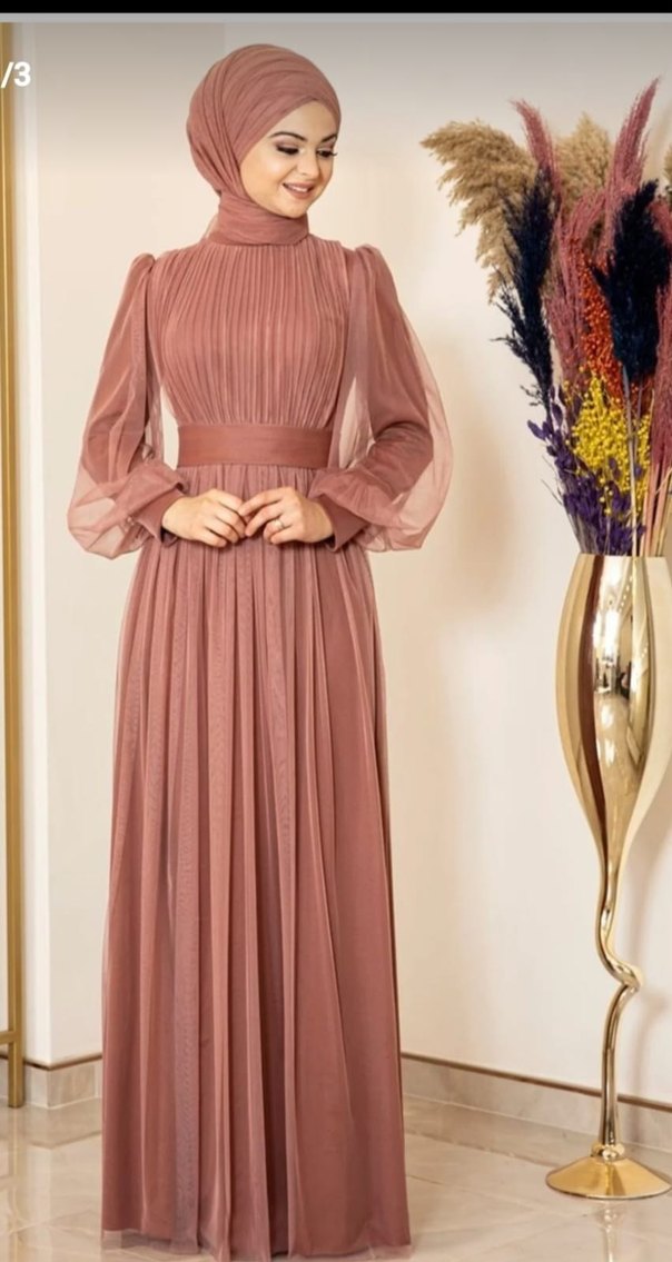 Piliseli Uzun Kollu Bej Abiye Elbise
( soğan kabuğu renginde) - Görsel 3