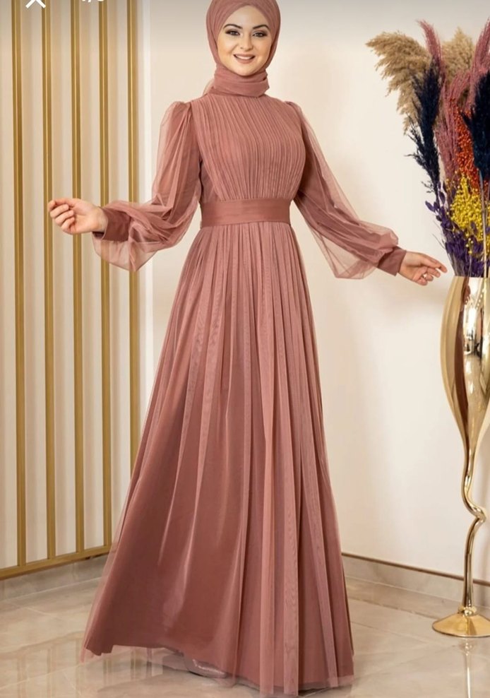 Piliseli Uzun Kollu Bej Abiye Elbise
( soğan kabuğu renginde) - Görsel 2