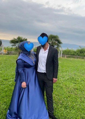 Uzun Lacivert Drapeli Tesettür Nişan Elbisesi