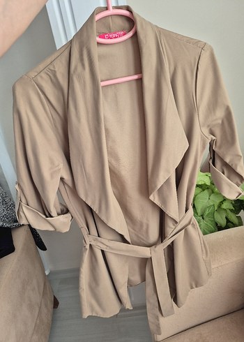 s Beden kahverengi Renk Kuşaklı Bej Keten Kısa kimono ceket