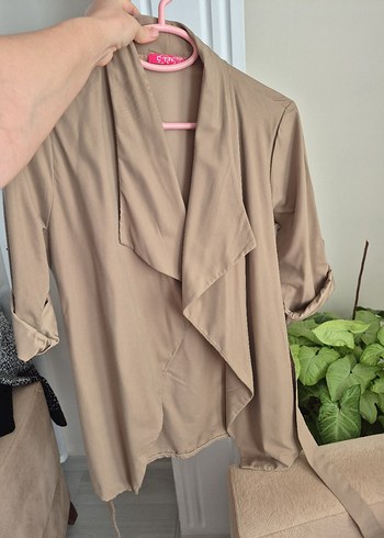 Diğer Kuşaklı Bej Keten Kısa kimono ceket