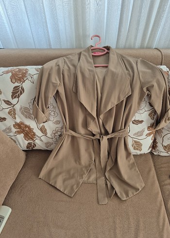 Kuşaklı Bej Keten Kısa kimono ceket