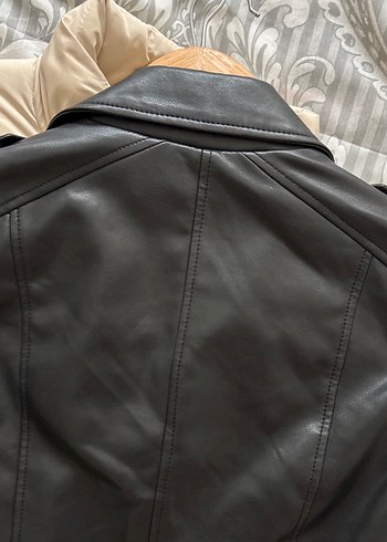 Kemerli Siyah Biker Deri Kadın Ceket - Görsel 4