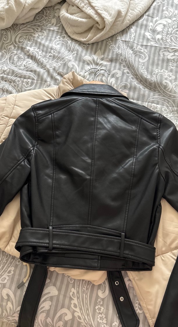 Kemerli Siyah Biker Deri Kadın Ceket - Görsel 3