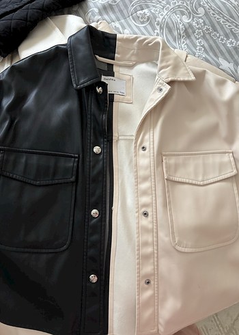 Bershka düğmeli Beyaz Midi Deri Ceket - Görsel 5