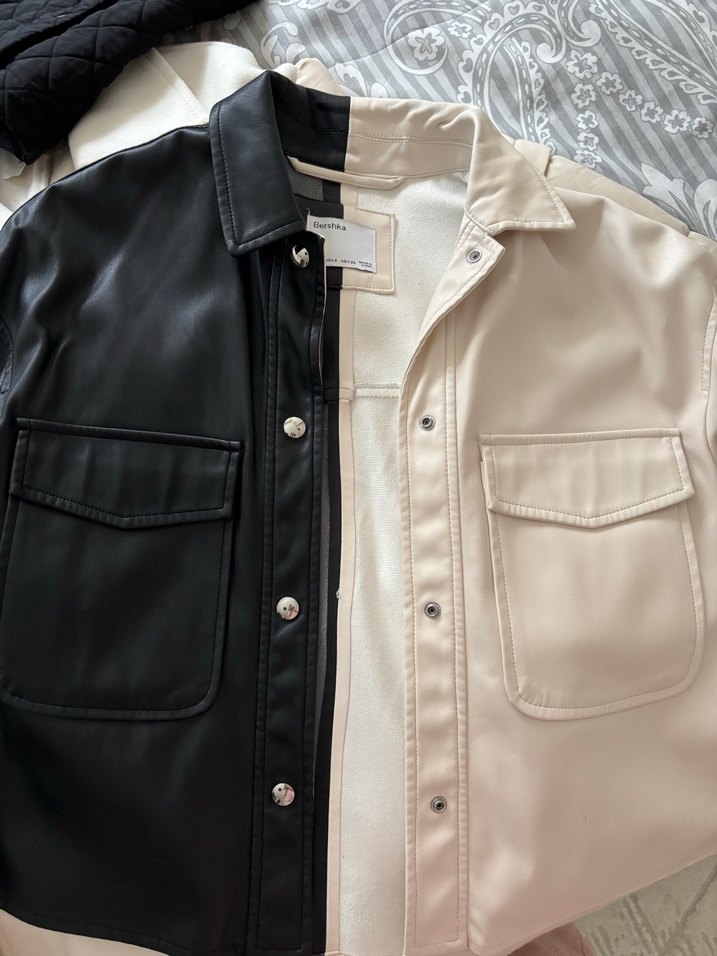 Bershka düğmeli Beyaz Midi Deri Ceket - Görsel 5