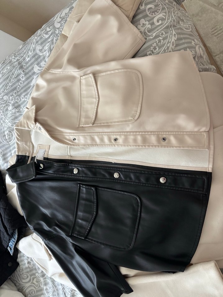 Bershka düğmeli Beyaz Midi Deri Ceket - Görsel 2