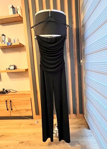 Siyah Drapeli Uzun Straplez Abiye tulum - Görsel 11