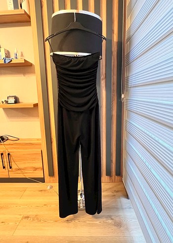 Siyah Drapeli Uzun Straplez Abiye tulum - Görsel 5