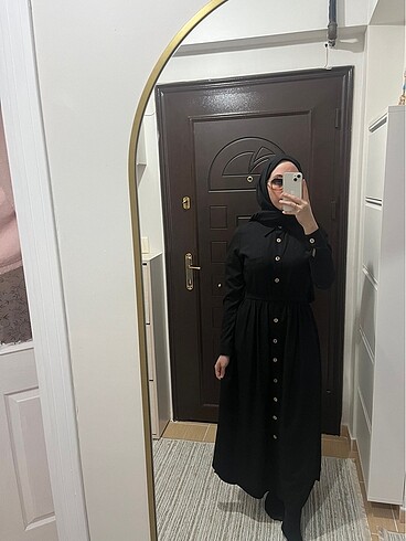 Diğer siyah düğmeli kemerli elbise modest tesettür