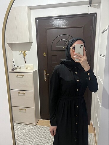 40 Beden siyah düğmeli kemerli elbise modest tesettür