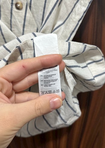 38 Beden Düğmeli Çizgili Keten Kadın Gömlek