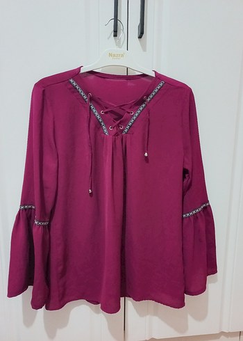 Bordo Bohem Nakışlı Uzun Kollu Bluz