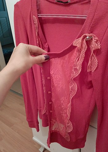 Dantel Detaylı Pembe Kadın Hırka - Görsel 2