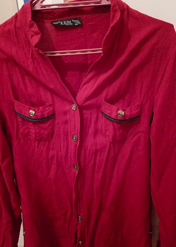 Düğmeli Kırmızı Kadın Gömlek - Görsel 2