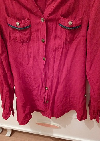 Düğmeli Kırmızı Kadın Gömlek - Görsel 3