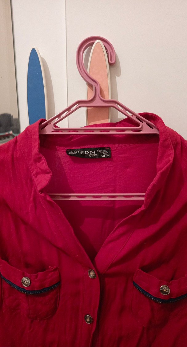 Düğmeli Kırmızı Kadın Gömlek - Görsel 5