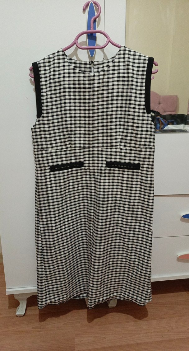 Gri Beyaz Kareli ofis elbise - Görsel 3