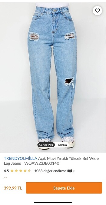Trendyol & Milla Trendyolmilla Açık Mavi Yırtıklı Yüksek Bel Wide Leg Jeans