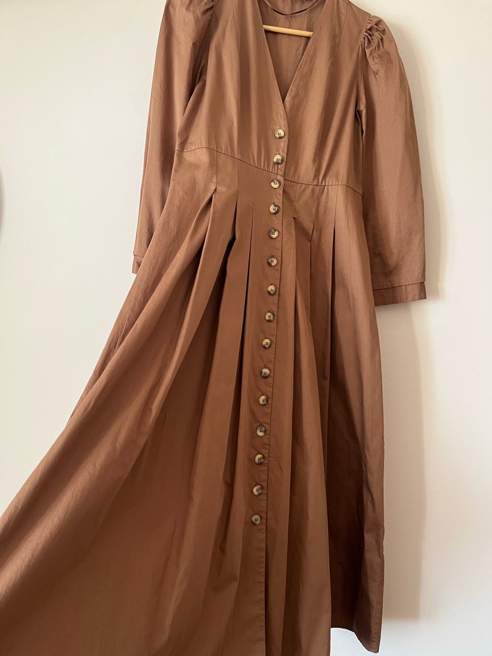 Düğmeli kahverengi Uzun Elbise - Görsel 2