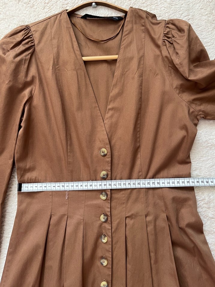 Düğmeli kahverengi Uzun Elbise - Görsel 5