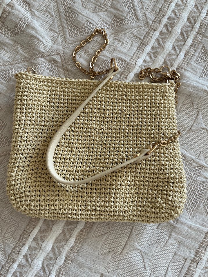 Zincir Detaylı Bej Örgü Kadın Çanta - Görsel 4