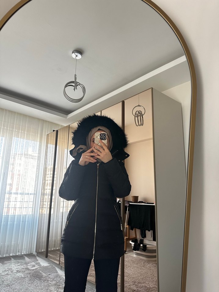 ZARA-Siyah Kadın Midi Kaban, Kürklü, Yüksek Yaka - Görsel 2