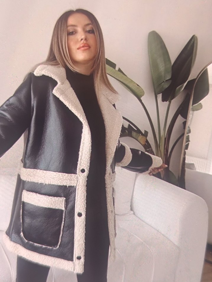 Kürklü Siyah Deri Kadın Ceket - Görsel 2