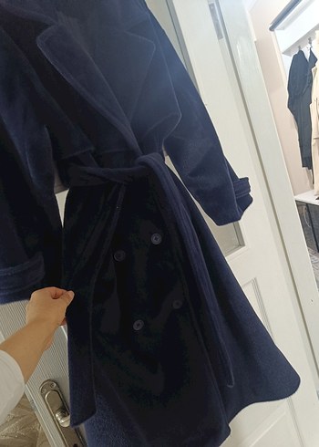 Lacivert Kadife Kemerli Kaban - Görsel 4