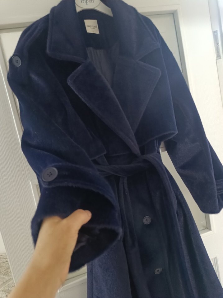 Lacivert Kadife Kemerli Kaban - Görsel 3