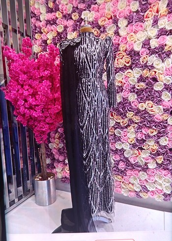 Uzun Kollu Payetli Mor Abiye Elbise - Görsel 2