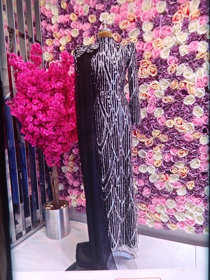 Uzun Kollu Payetli Mor Abiye Elbise - Görsel 2