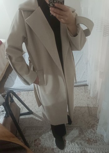 Diğer Bej Midi Kadin Palto Rahat Kesim Notch Yaka