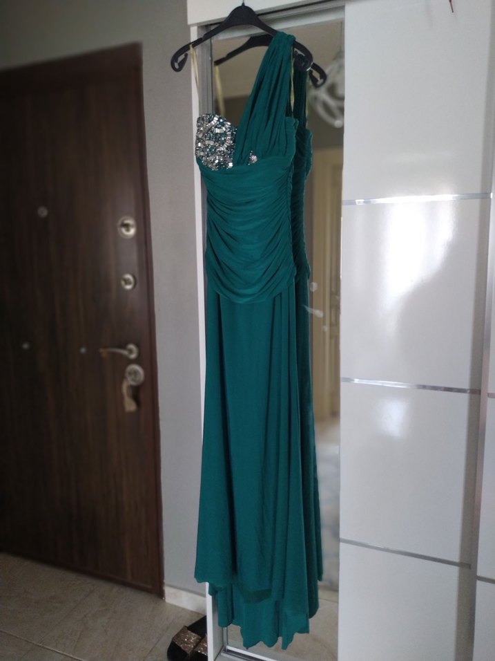 Turkuaz Drapeli Straplez Uzun Abiye Elbise - Görsel 2