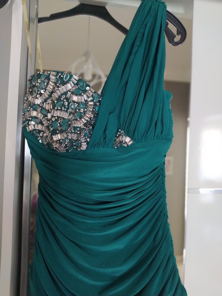 Turkuaz Drapeli Straplez Uzun Abiye Elbise - Görsel 3