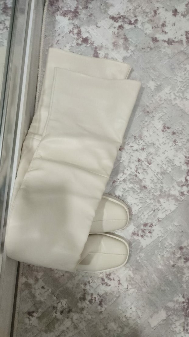 Beyaz Deri Platform Topuklu Diz Üstü Kadın Çizme - Görsel 5