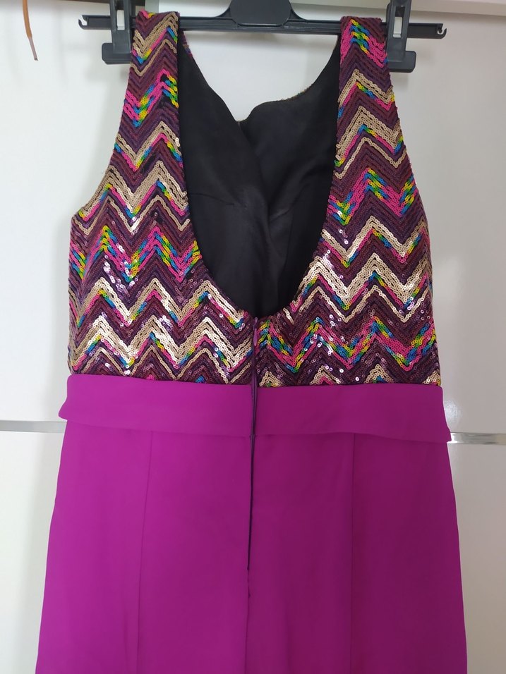 Uzun Mor Renkli Drapeli Kadın Abiye Elbise - Görsel 3