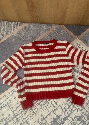 Kırmızı Beyaz Çizgili Kadın Triko Kazak - Görsel 2