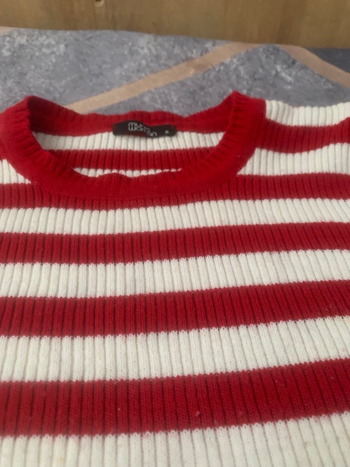 Kırmızı Beyaz Çizgili Kadın Triko Kazak - Görsel 4