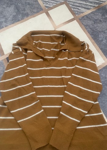 Çizgili Kahverengi Kadın Triko Kazak - Görsel 2